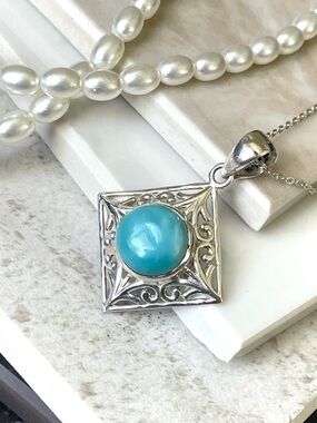 925 Sterling Silver Natural Larimar  Pendant, B O H O